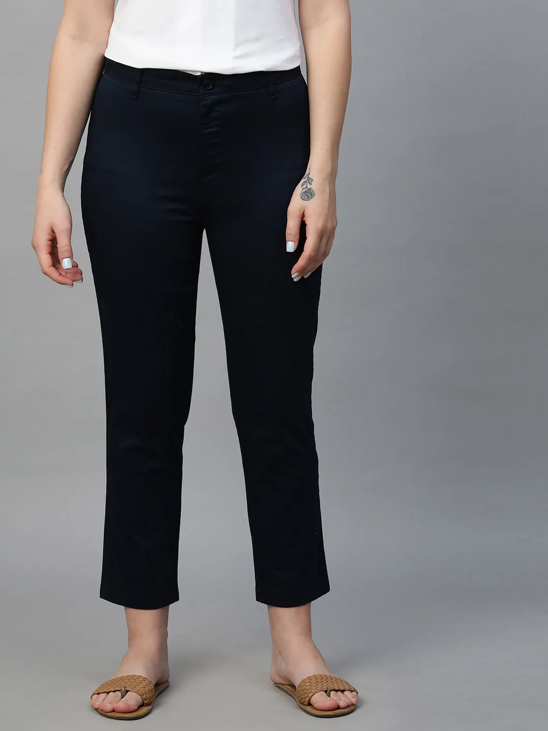 Women's Navy Cotton Lycra Regular Fit Pant