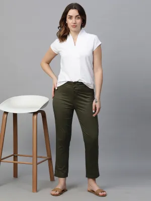 Women's Olive Cotton Lycra Regular Fit Pant