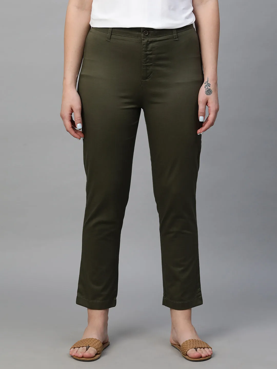 Women's Olive Cotton Lycra Regular Fit Pant