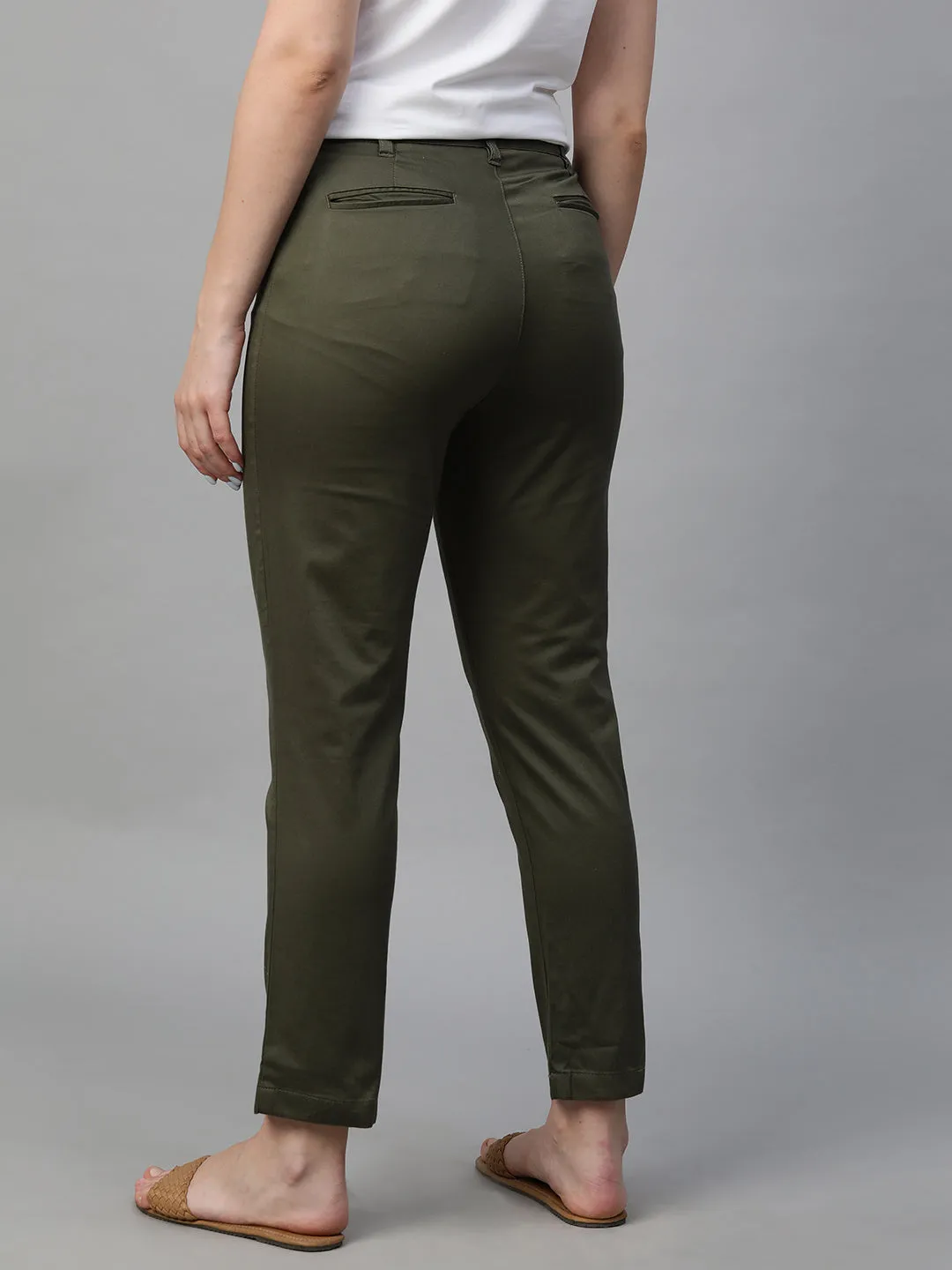 Women's Olive Cotton Lycra Regular Fit Pant